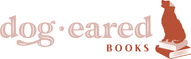 Logo for Dog Eared Books with pink text and a red dog sitting on two books.